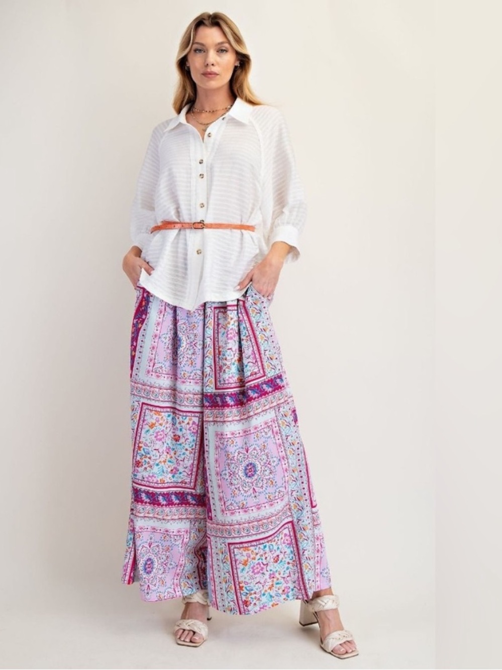Easel Lavender Multi Floral Patchwork Wide-Leg Pants New! Size Large